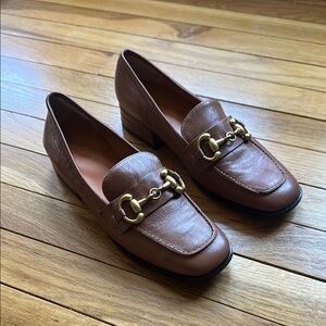 Brown Leather Low Block Heel Loafers with Horsebit